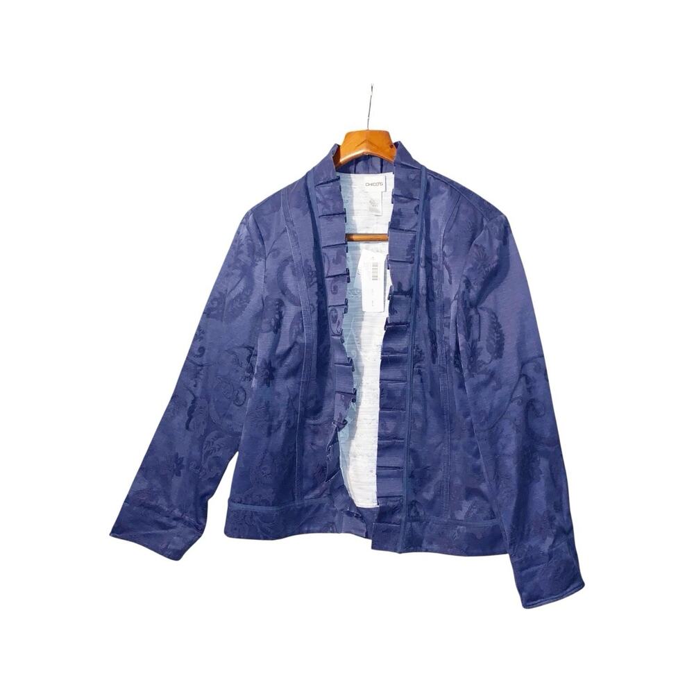 Chico's Open Front Blazer Jacket Blue Cotton Blend Floral Ruffle Women’s Size L